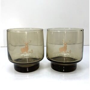Libbey‎ Smoked Glass Deer Tumblers Set of 2 Vintage Barware Rustic Stag Cups